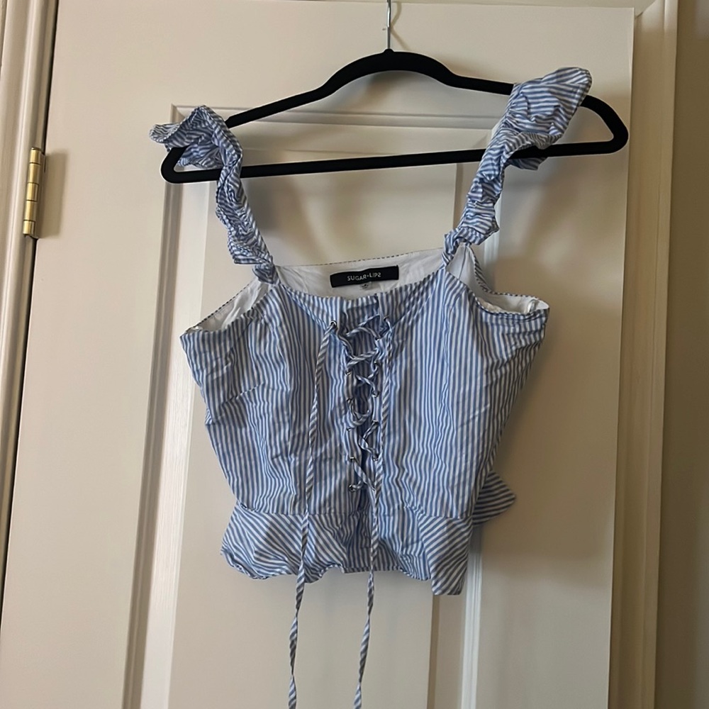Blue and white cropped tank top